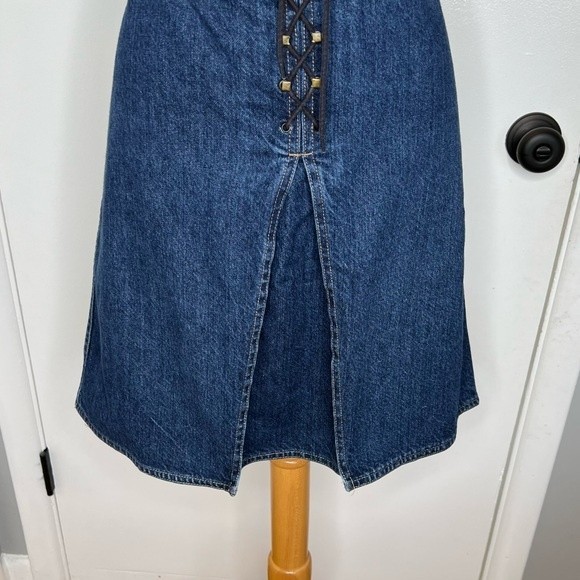 Vintage 90s Y2K Lace Up Denim Skirt A-Line Midi Chambray Grunge Fairy Jean Skirt - Picture 5 of 8